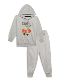 Mack Jonney Grey Melange Printed Hooded Cotton Fleece Tracksuit Co-ord Set for Kids