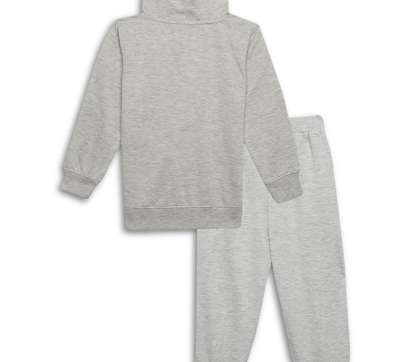 Mack Jonney Grey Melange Printed Hooded Cotton Fleece Tracksuit Co-ord Set for Kids