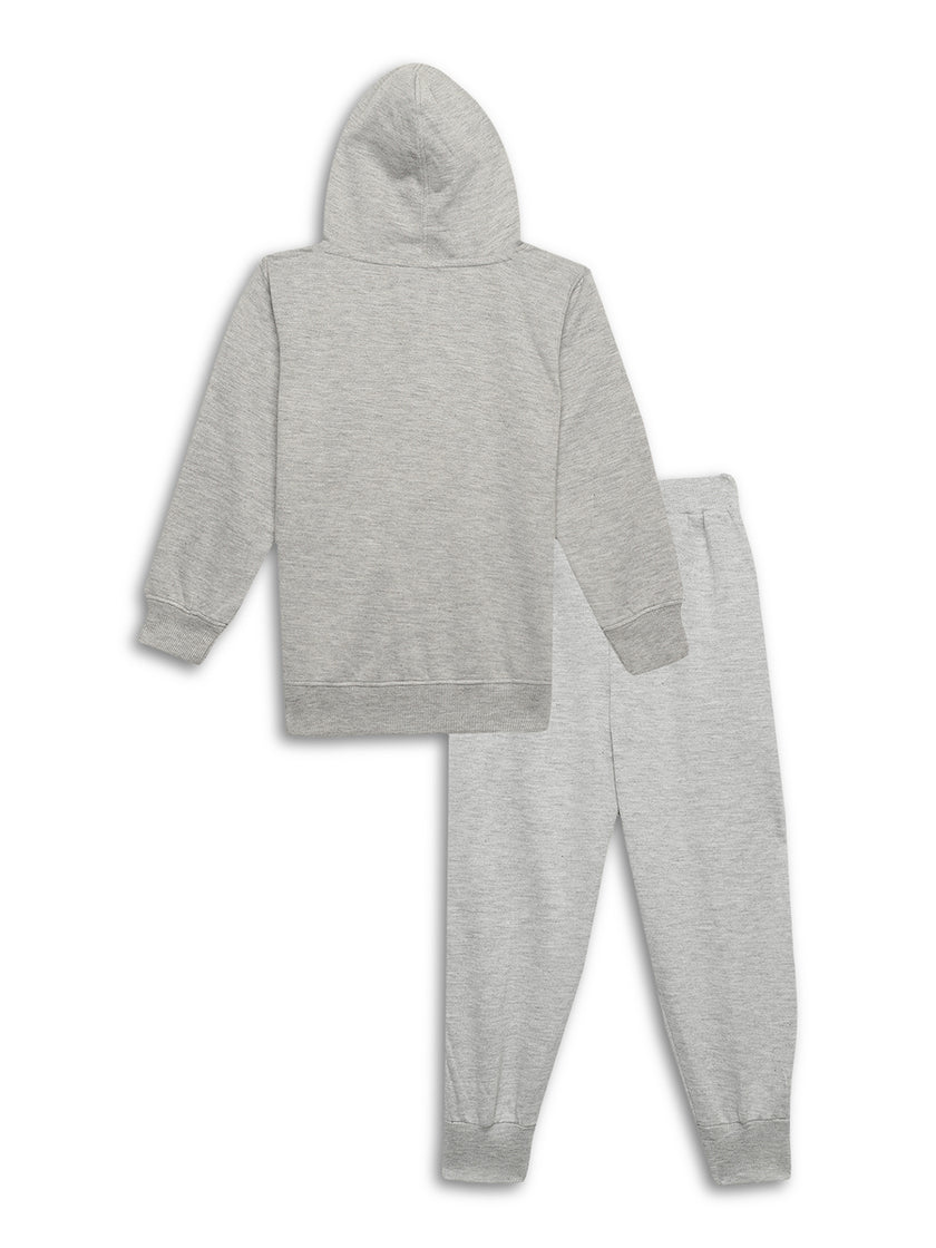 Mack Jonney Grey Melange Printed Hooded Cotton Fleece Tracksuit Co-ord Set for Kids