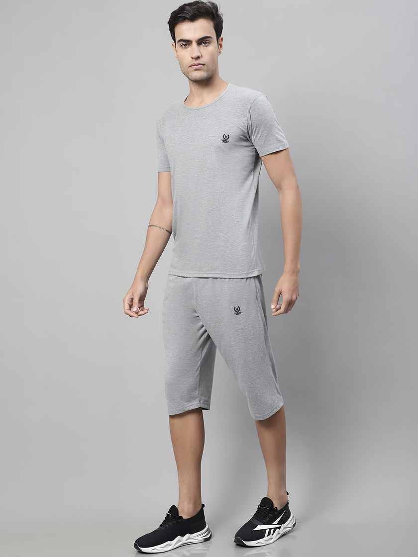 Mack Jonney Grey Melange Cotton Solid Co-ord Set Tracksuit For Men(Zip On 1 Side Pocket)