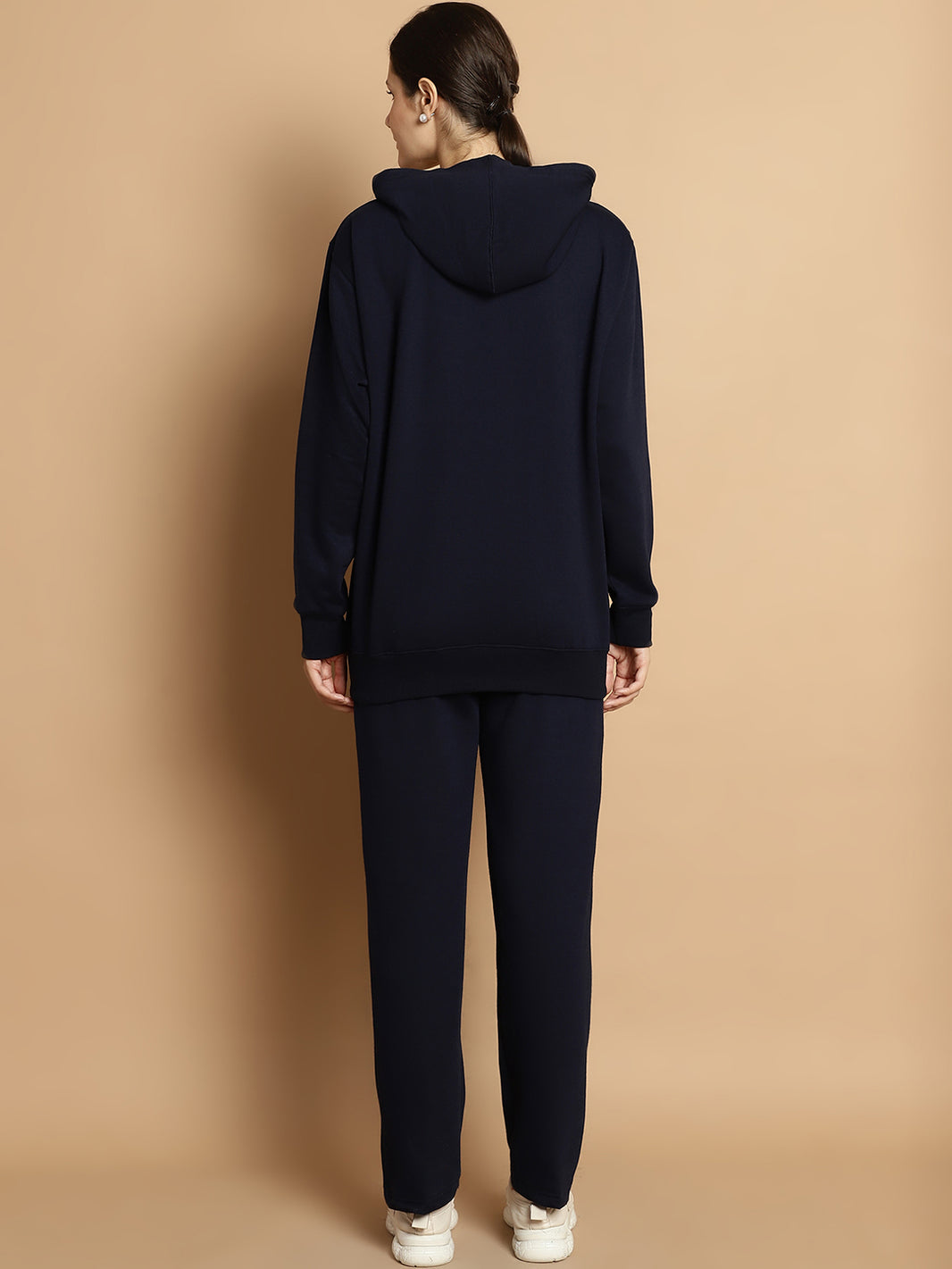 Mack Jonney Navy Blue Printed Hooded Cotton Fleece Tracksuit for Women(Kangaroo Pockets)