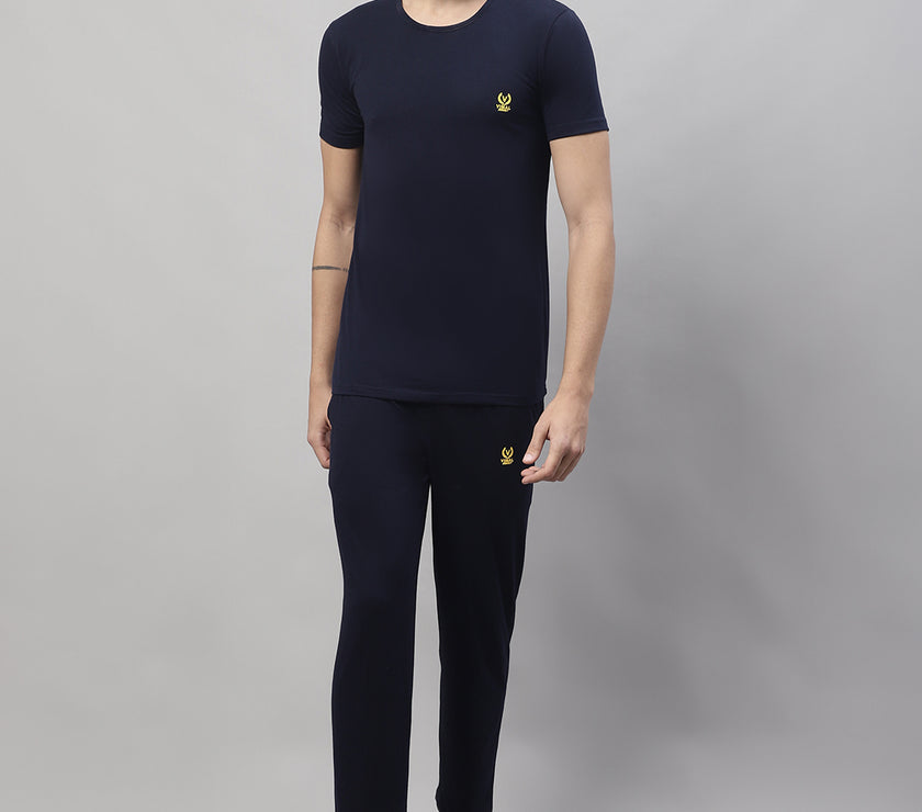 Mack Jonney Navy Blue Cotton Solid Co-ord Set Tracksuit For Men(Zip On 1 Side Pocket)
