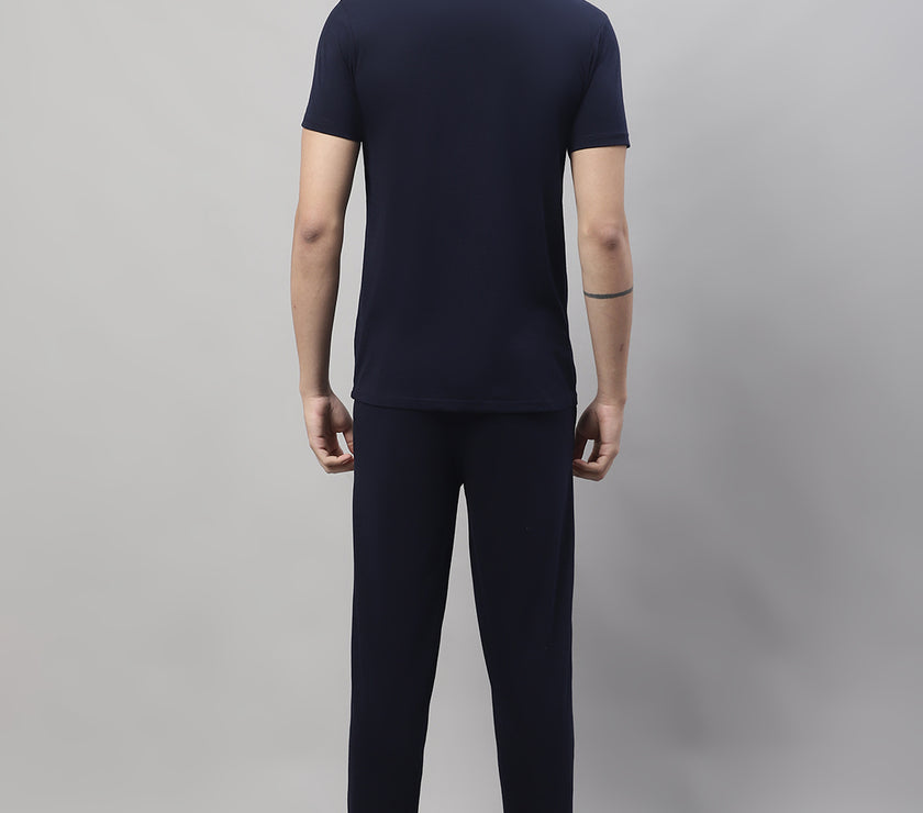 Mack Jonney Navy Blue Cotton Solid Co-ord Set Tracksuit For Men(Zip On 1 Side Pocket)