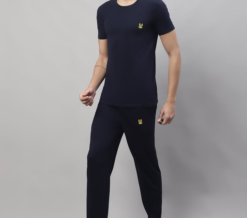 Mack Jonney Navy Blue Cotton Solid Co-ord Set Tracksuit For Men(Zip On 1 Side Pocket)