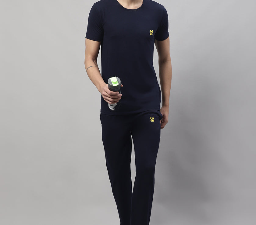 Mack Jonney Navy Blue Cotton Solid Co-ord Set Tracksuit For Men(Zip On 1 Side Pocket)