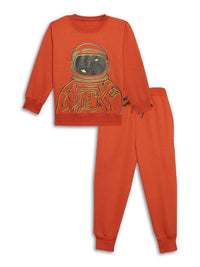 Mack Jonney Rust Printed Round Neck Cotton Fleece Tracksuit Co-ord Set for Kids