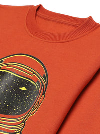 Mack Jonney Rust Printed Round Neck Cotton Fleece Tracksuit Co-ord Set for Kids