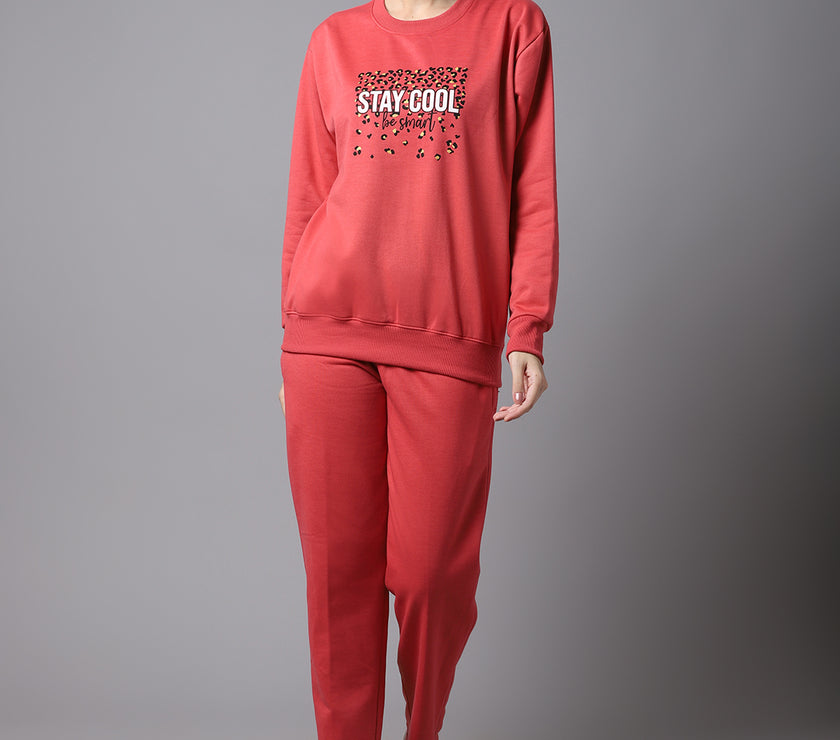 Mack Jonney Fleece Printed Pink Tracksuit for Women