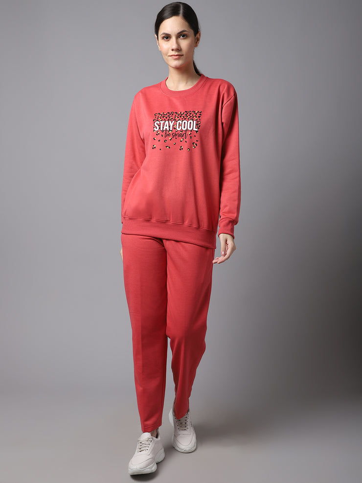 Mack Jonney Fleece Printed Pink Tracksuit for Women