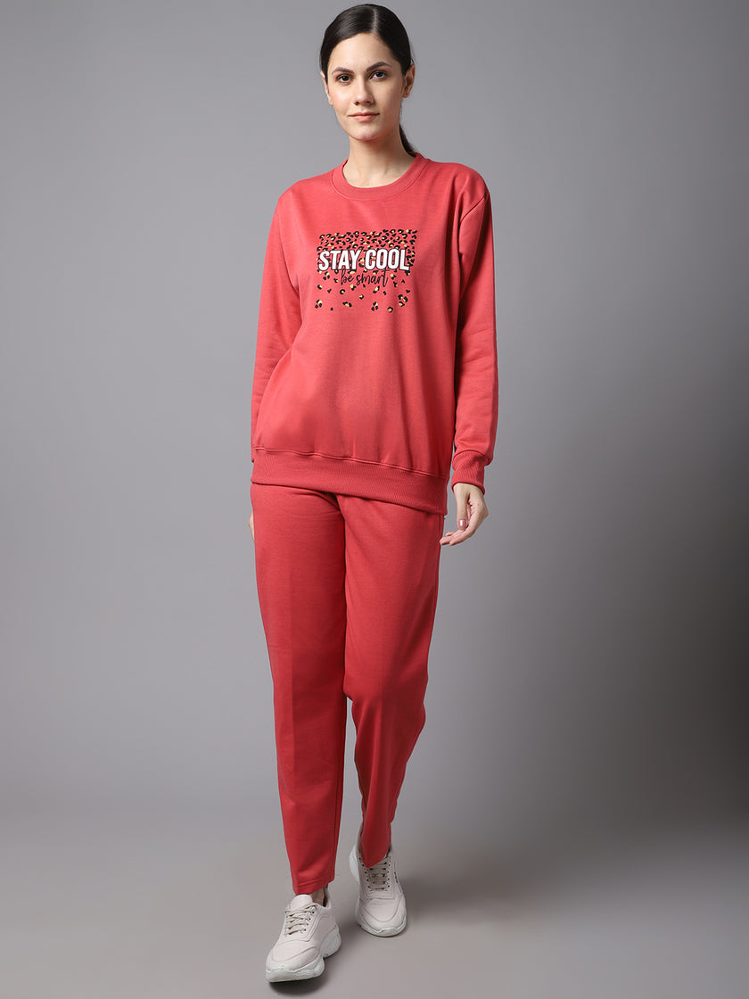 Mack Jonney Fleece Printed Pink Tracksuit for Women