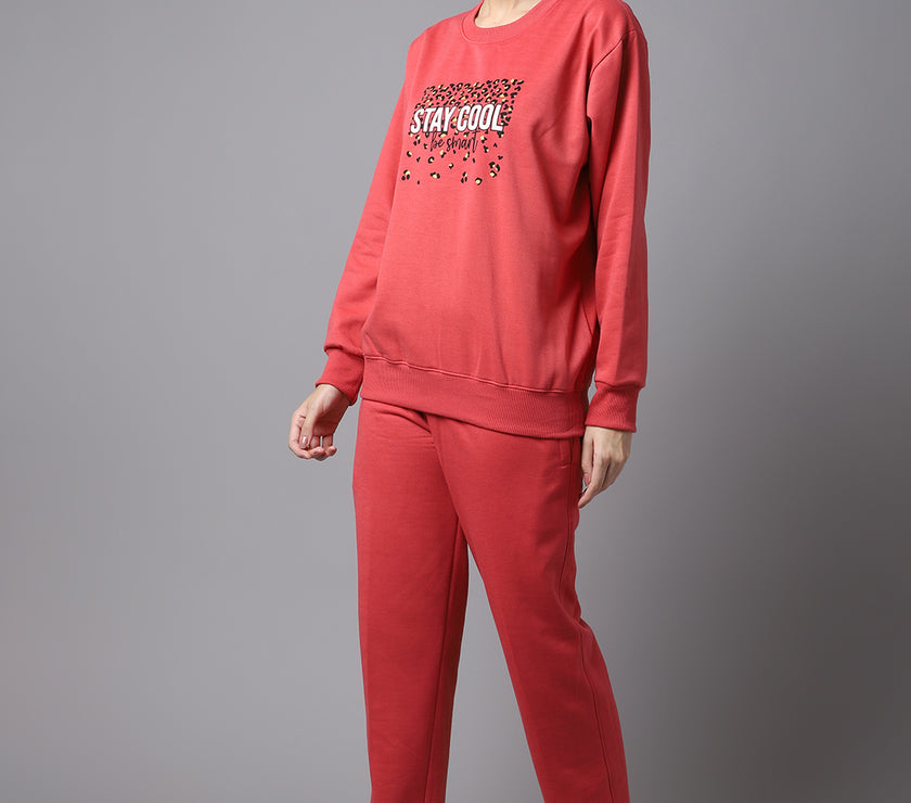 Mack Jonney Fleece Printed Pink Tracksuit for Women