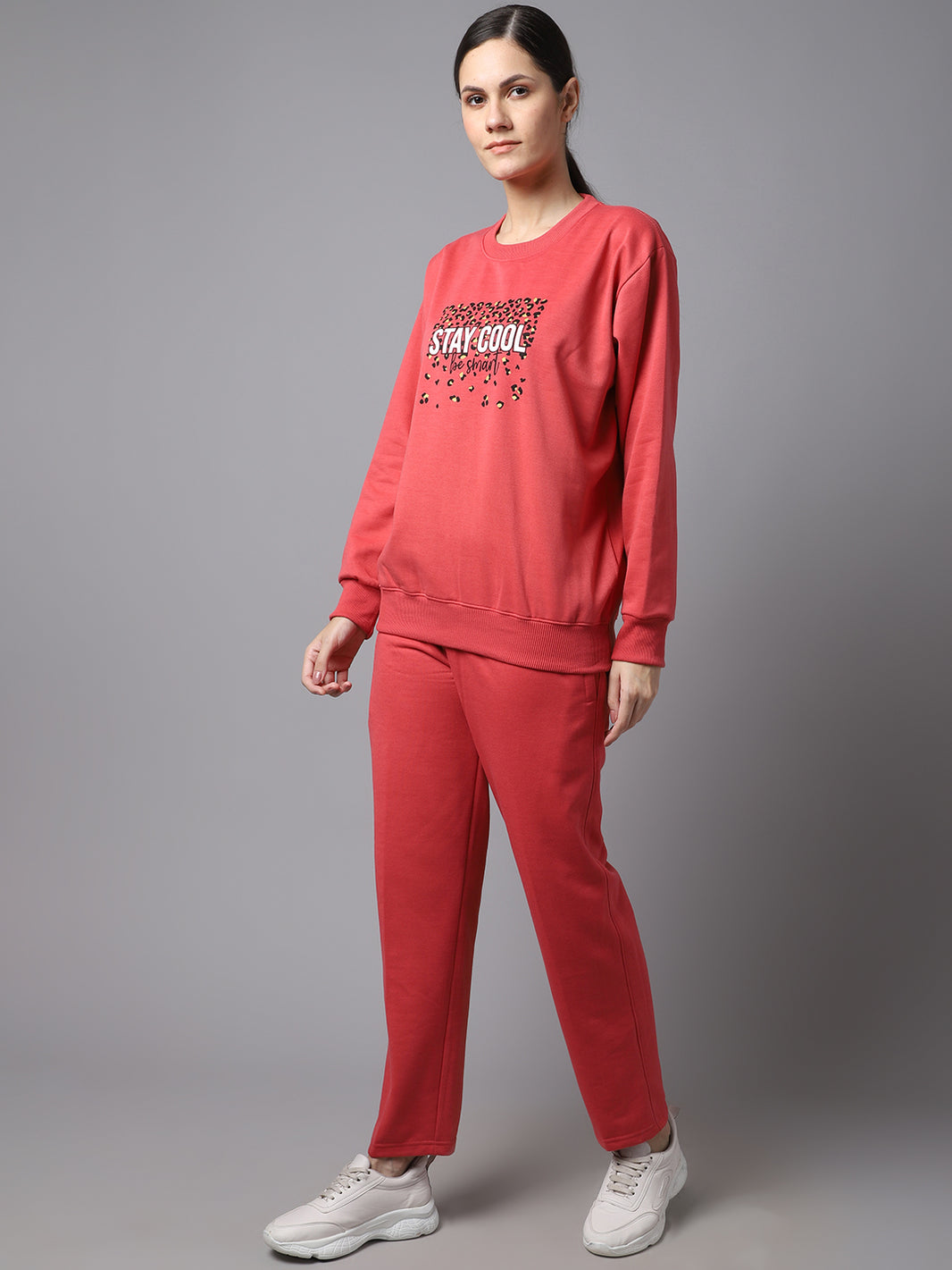 Mack Jonney Fleece Printed Pink Tracksuit for Women