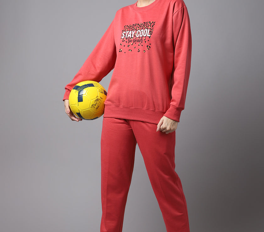 Mack Jonney Fleece Printed Pink Tracksuit for Women