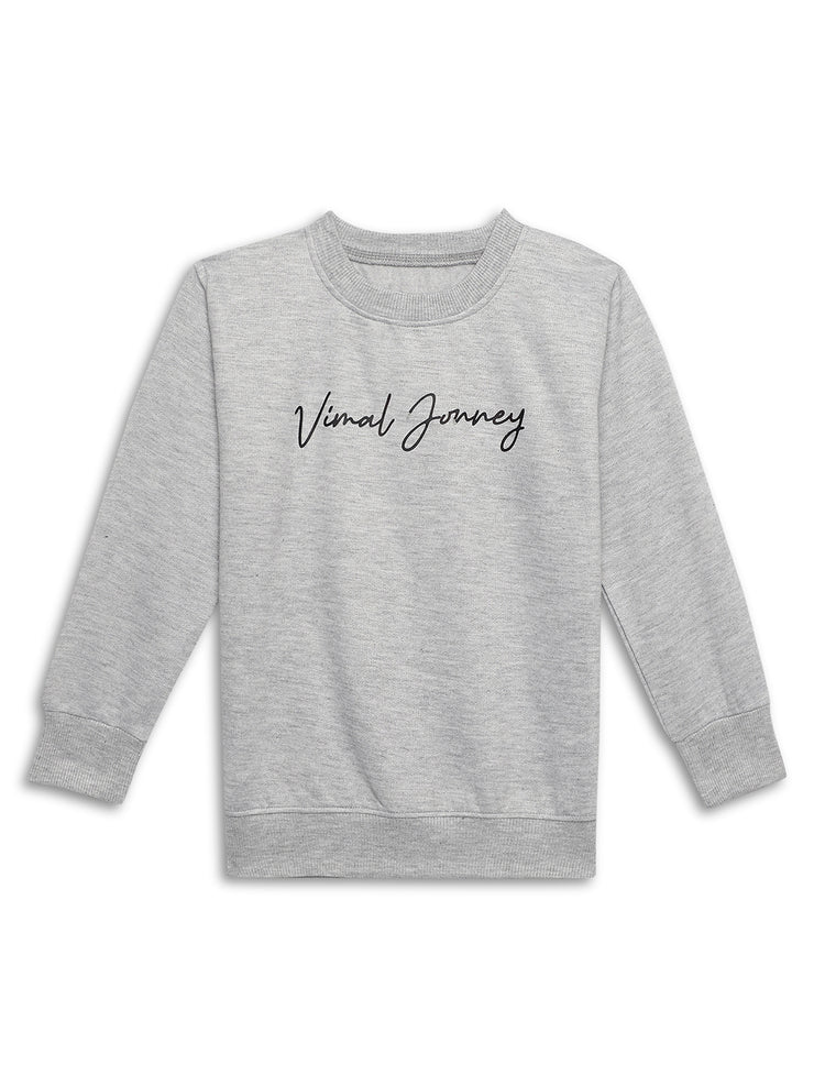 Mack Jonney Grey Melange Printed Round Neck Cotton Fleece Sweatshirt for Kids