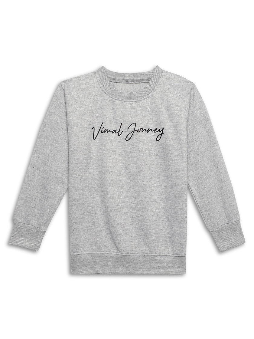 Mack Jonney Grey Melange Printed Round Neck Cotton Fleece Sweatshirt for Kids
