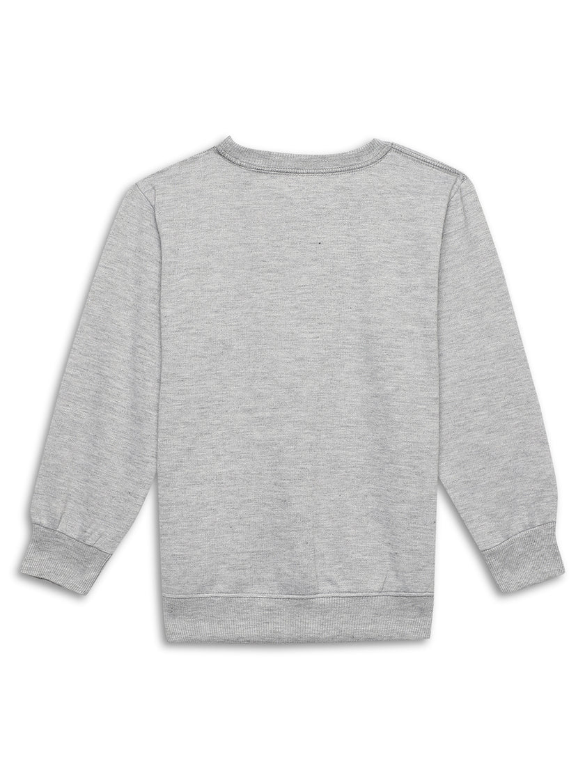 Mack Jonney Grey Melange Printed Round Neck Cotton Fleece Sweatshirt for Kids