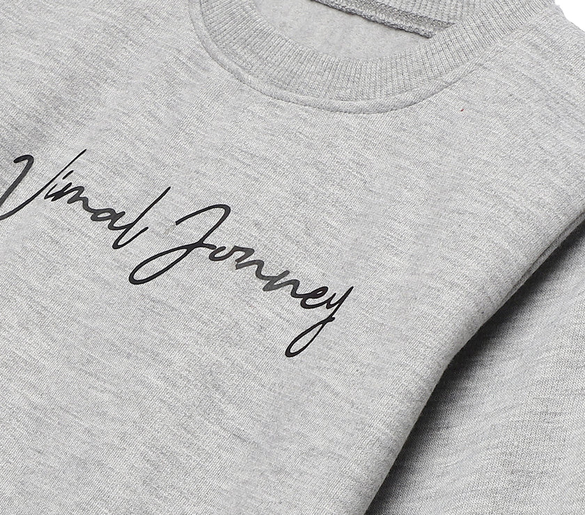Mack Jonney Grey Melange Printed Round Neck Cotton Fleece Sweatshirt for Kids