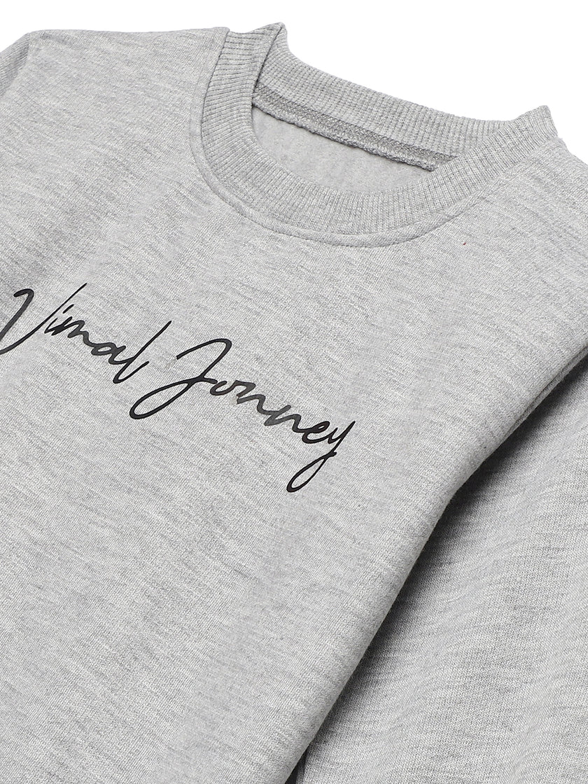 Mack Jonney Grey Melange Printed Round Neck Cotton Fleece Sweatshirt for Kids