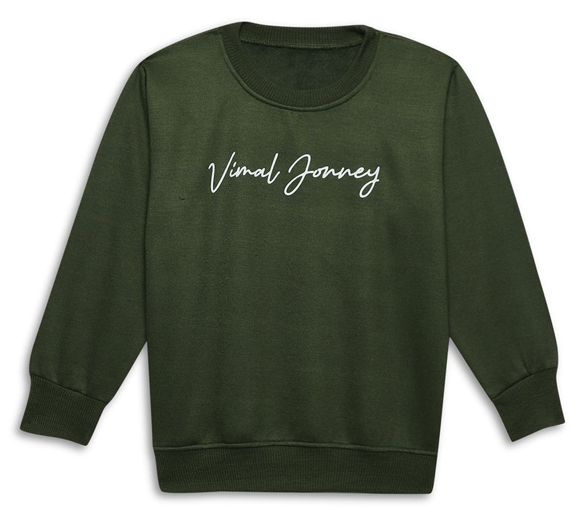 Mack Jonney Olive Printed Round Neck Cotton Fleece Sweatshirt for Kids