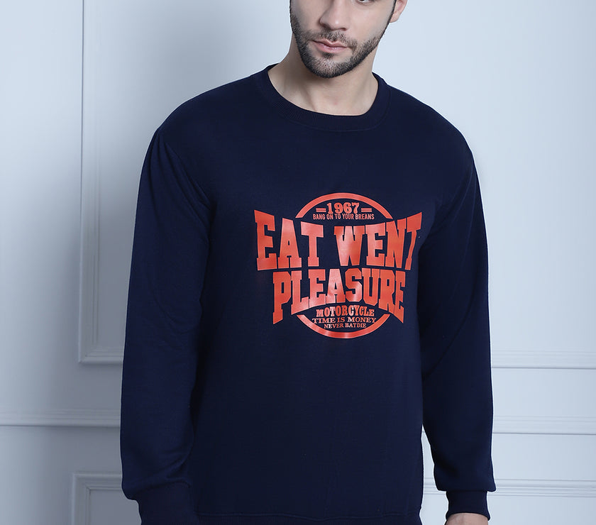 Mack Jonney Navy Blue Printed Round Neck Cotton Fleece Sweatshirt for Men