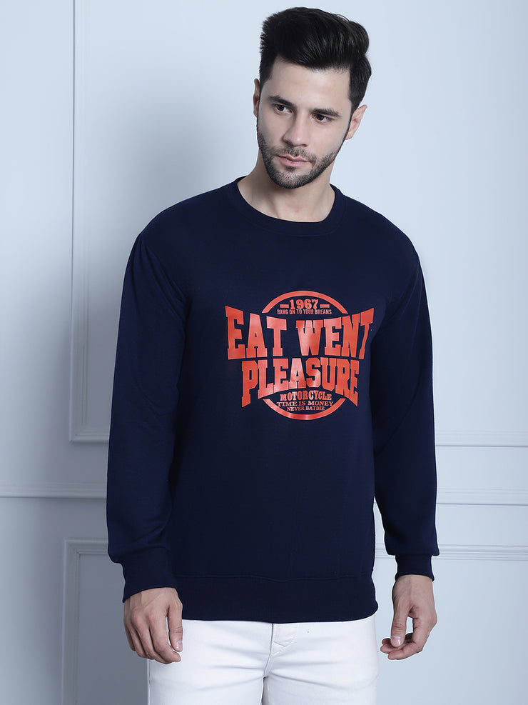 Mack Jonney Navy Blue Printed Round Neck Cotton Fleece Sweatshirt for Men
