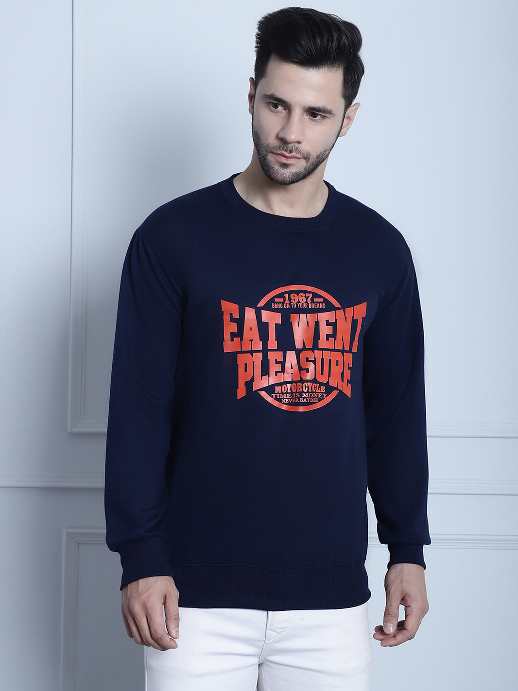 Mack Jonney Navy Blue Printed Round Neck Cotton Fleece Sweatshirt for Men