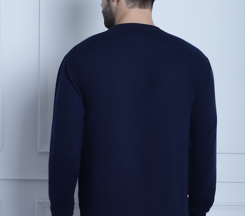 Mack Jonney Navy Blue Printed Round Neck Cotton Fleece Sweatshirt for Men