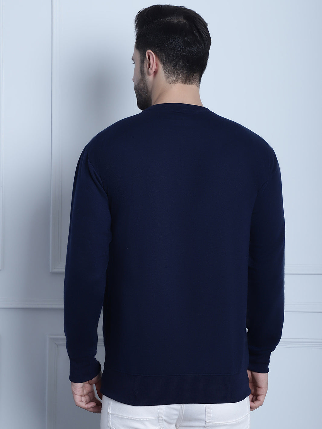 Mack Jonney Navy Blue Printed Round Neck Cotton Fleece Sweatshirt for Men