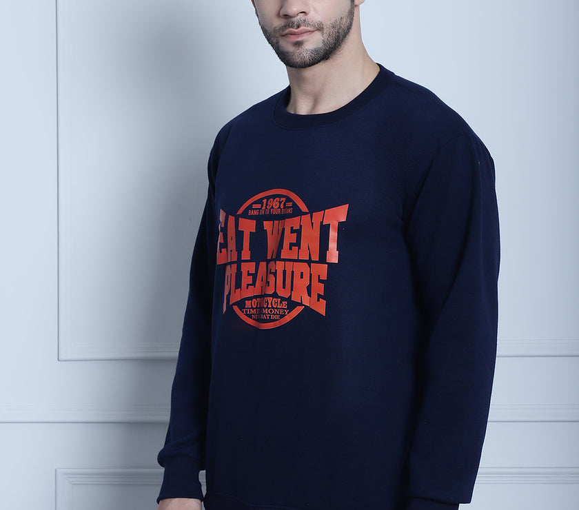 Mack Jonney Navy Blue Printed Round Neck Cotton Fleece Sweatshirt for Men