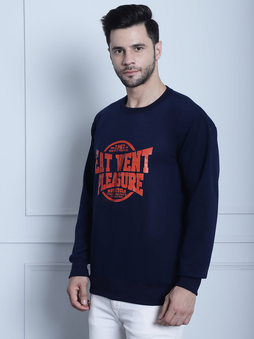 Mack Jonney Navy Blue Printed Round Neck Cotton Fleece Sweatshirt for Men