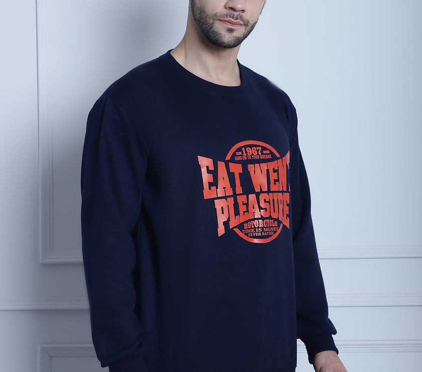 Mack Jonney Navy Blue Printed Round Neck Cotton Fleece Sweatshirt for Men