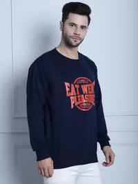 Mack Jonney Navy Blue Printed Round Neck Cotton Fleece Sweatshirt for Men
