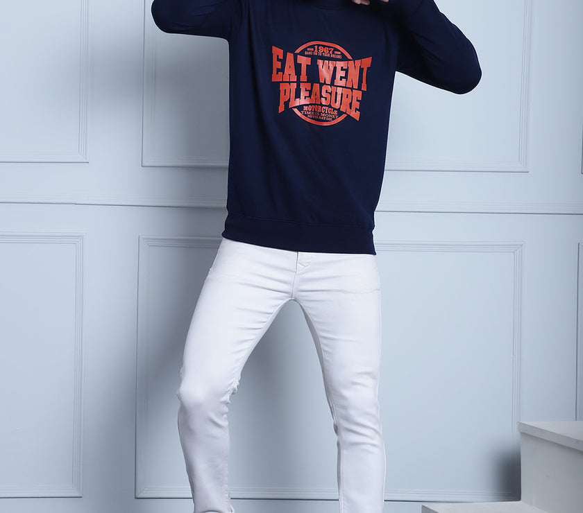 Mack Jonney Navy Blue Printed Round Neck Cotton Fleece Sweatshirt for Men