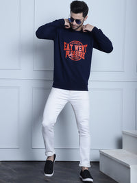 Mack Jonney Navy Blue Printed Round Neck Cotton Fleece Sweatshirt for Men