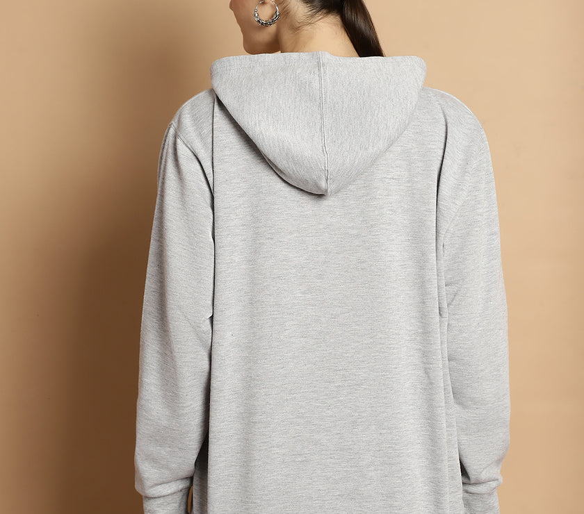 Mack Jonney Grey Melange Printed Hooded Cotton Fleece Sweatshirt for Women