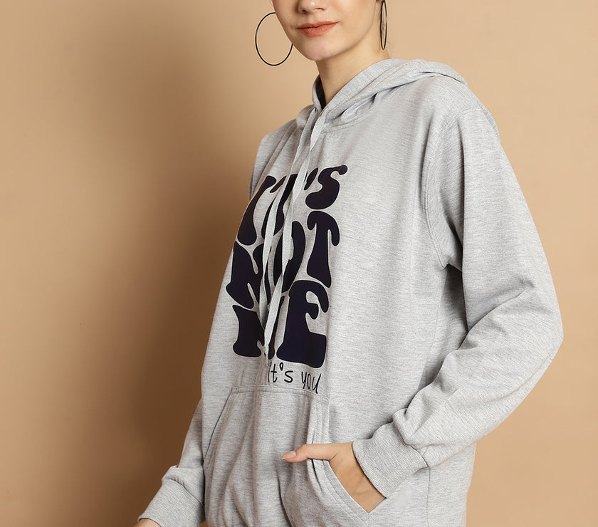 Mack Jonney Grey Melange Printed Hooded Cotton Fleece Sweatshirt for Women