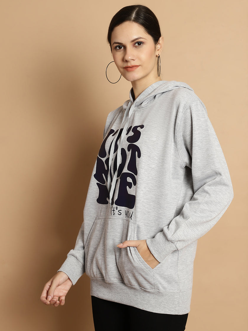 Mack Jonney Grey Melange Printed Hooded Cotton Fleece Sweatshirt for Women