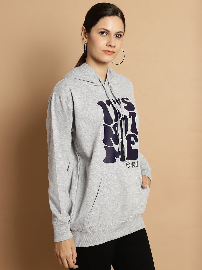 Mack Jonney Grey Melange Printed Hooded Cotton Fleece Sweatshirt for Women