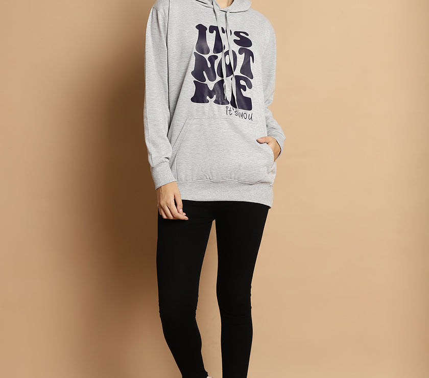 Mack Jonney Grey Melange Printed Hooded Cotton Fleece Sweatshirt for Women
