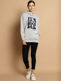 Mack Jonney Grey Melange Printed Hooded Cotton Fleece Sweatshirt for Women