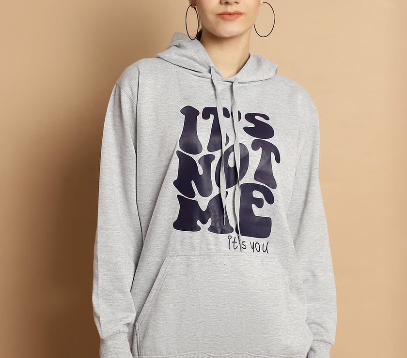 Mack Jonney Grey Melange Printed Hooded Cotton Fleece Sweatshirt for Women