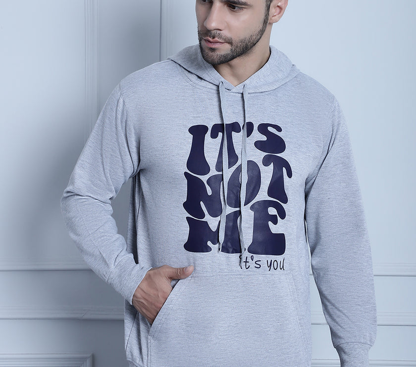 Mack Jonney Grey Melange Printed Hooded Cotton Fleece Sweatshirt for Men