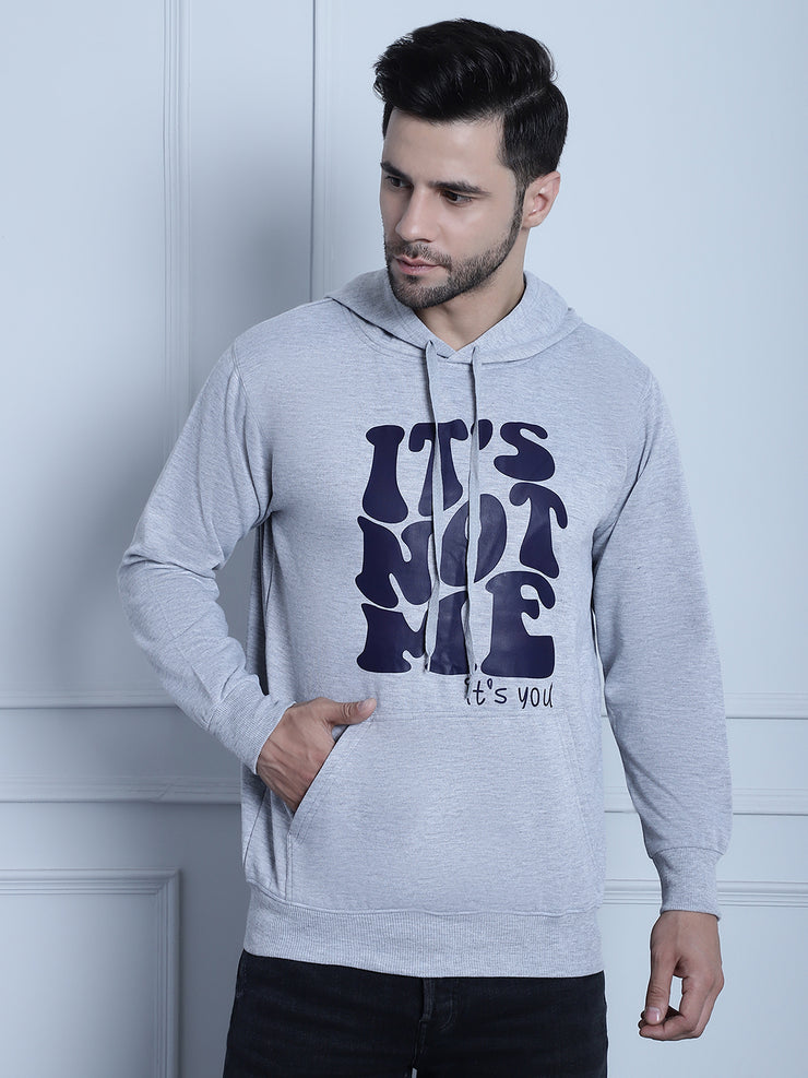 Mack Jonney Grey Melange Printed Hooded Cotton Fleece Sweatshirt for Men