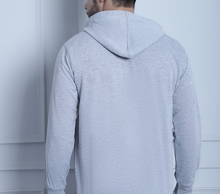 Mack Jonney Grey Melange Printed Hooded Cotton Fleece Sweatshirt for Men