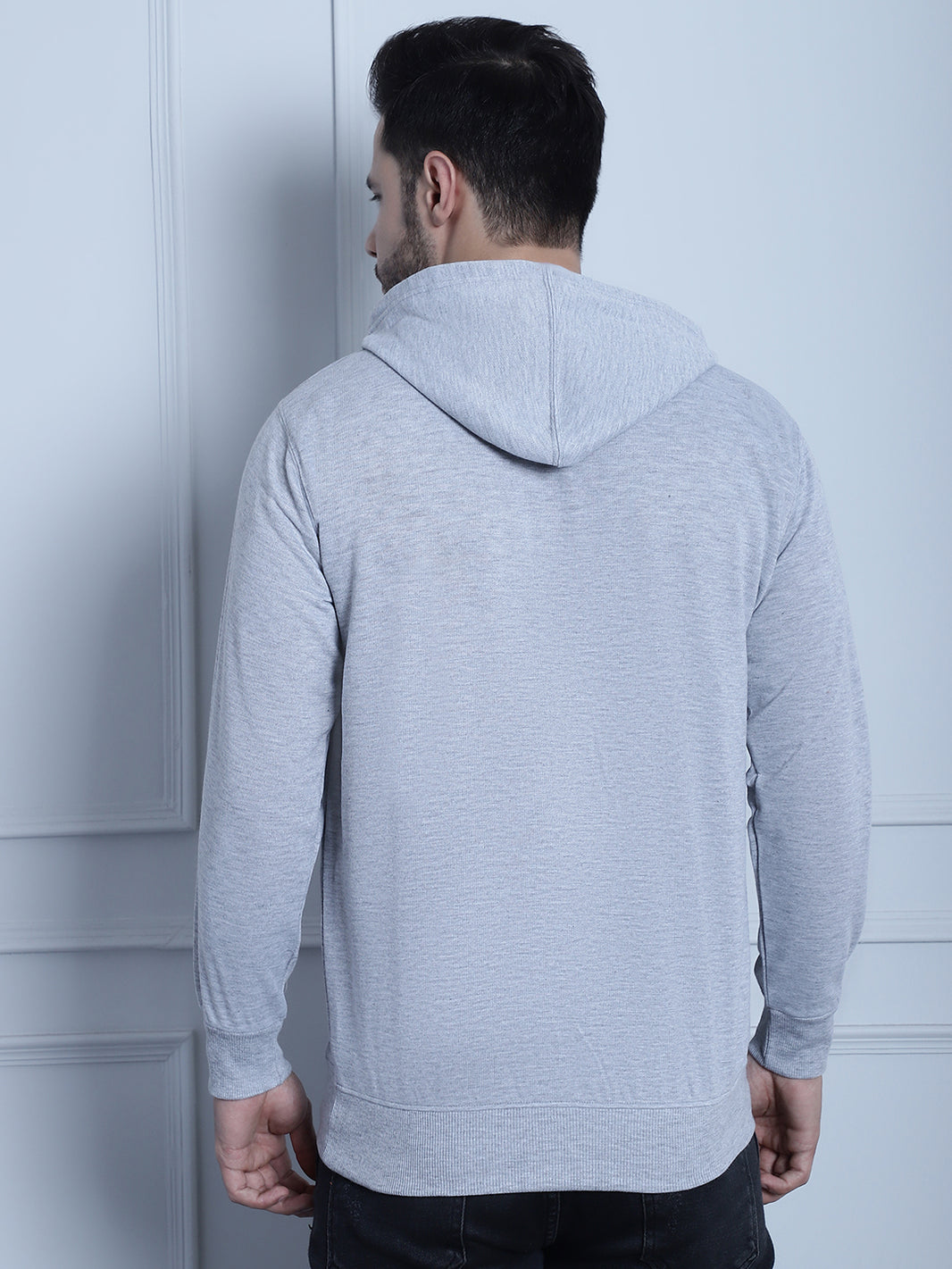 Mack Jonney Grey Melange Printed Hooded Cotton Fleece Sweatshirt for Men