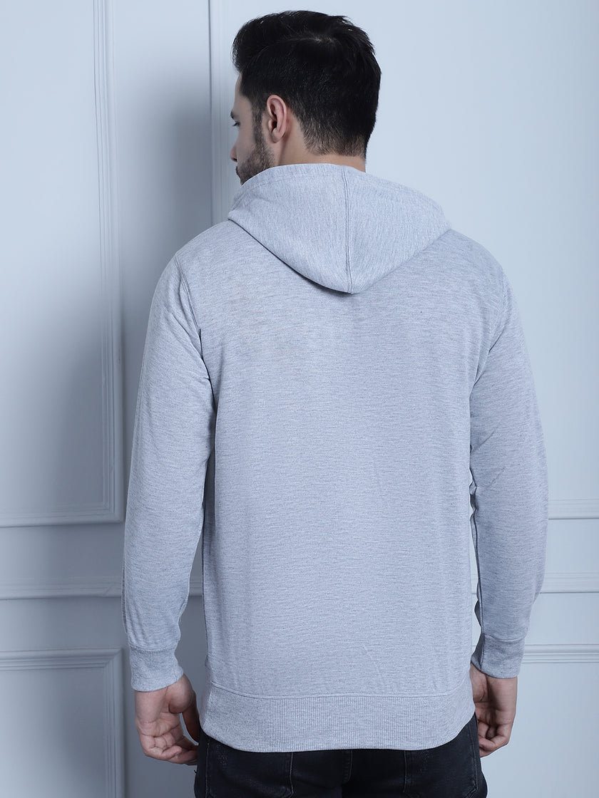 Mack Jonney Grey Melange Printed Hooded Cotton Fleece Sweatshirt for Men