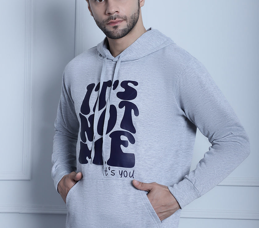 Mack Jonney Grey Melange Printed Hooded Cotton Fleece Sweatshirt for Men