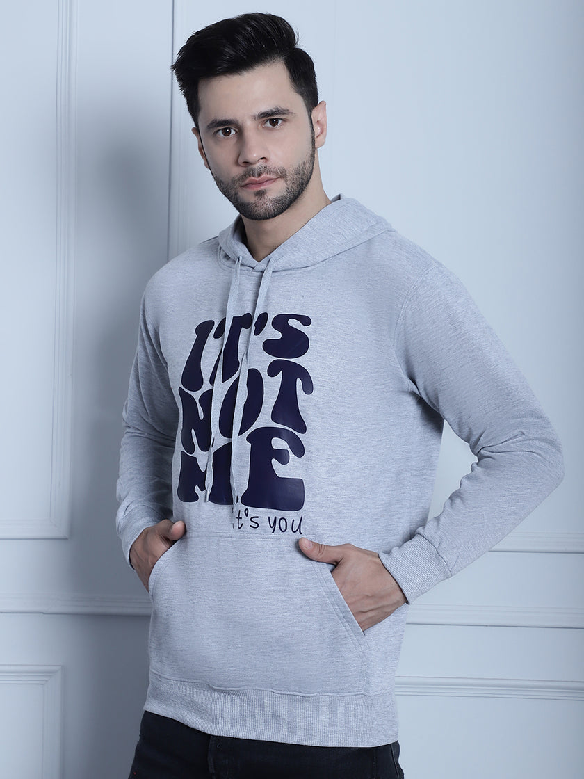 Mack Jonney Grey Melange Printed Hooded Cotton Fleece Sweatshirt for Men