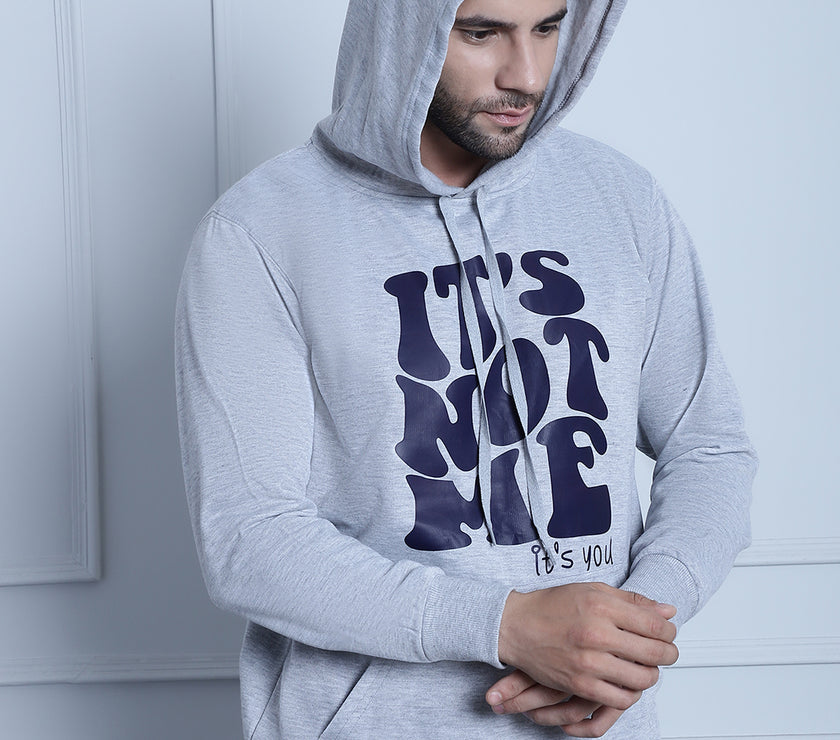 Mack Jonney Grey Melange Printed Hooded Cotton Fleece Sweatshirt for Men