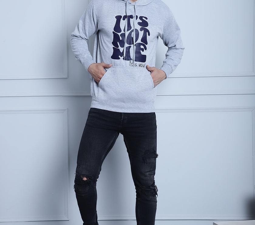 Mack Jonney Grey Melange Printed Hooded Cotton Fleece Sweatshirt for Men
